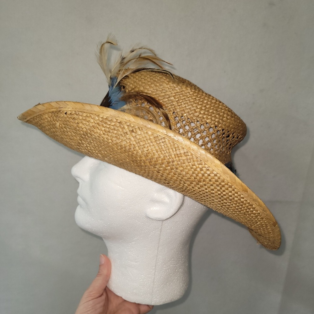 Longhorn‎ Head Huggers Straw Hat Mens M Cowboy Western Feather Rodeo Rancher - Picture 2 of 13